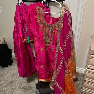 Vibrant Pink and Orange Embroidered Outfit